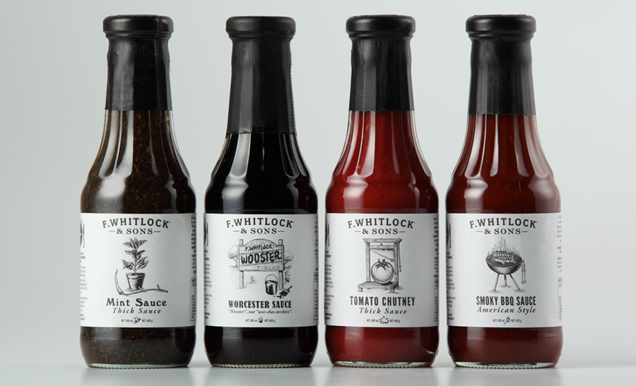 Packaging with etched illustrative detail for sauce and pickle brand F. Whitlock & Sons designed by Marx