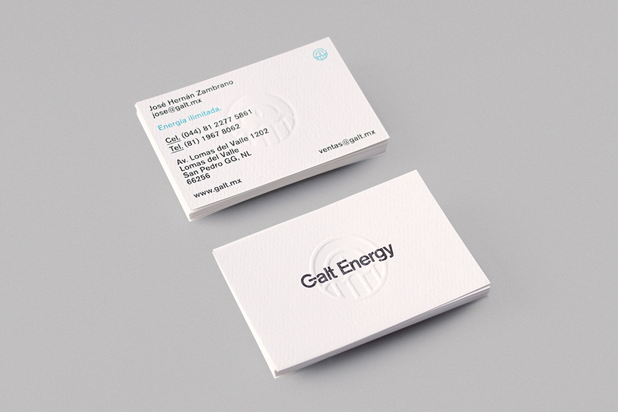 Business card with embossed paper and deep blind embossed finish for Galt Energy designed by Firmalt