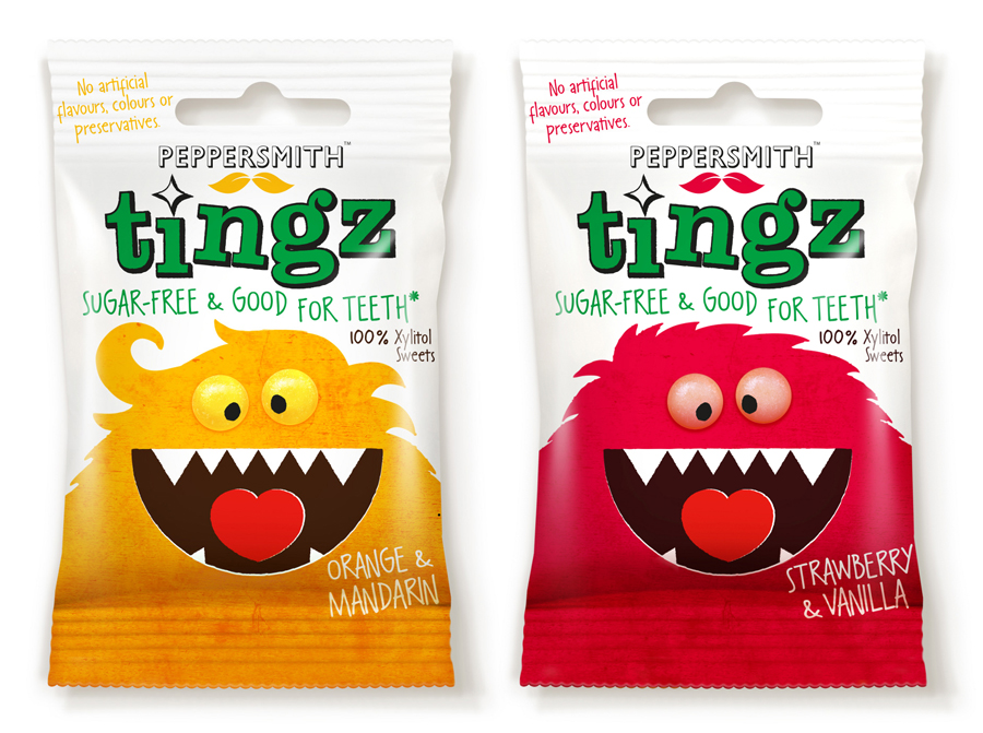 Packaging designed by B&B Studio for Peppersmith's sugar-free sweet range Tingz
