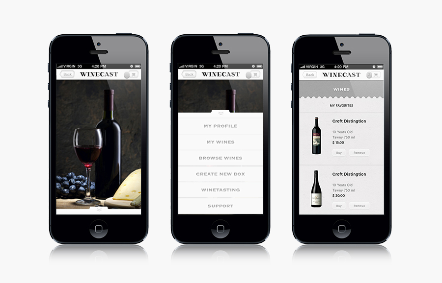 Logo and mobile website designed by Anagrama for online wine-tasting, curation and delivery service Winecast