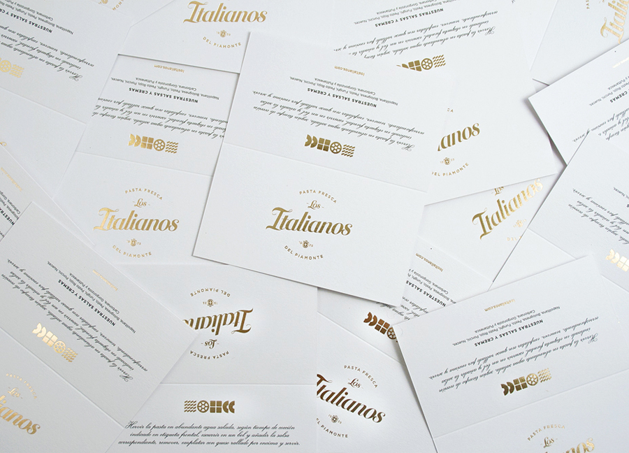 Logo and labels with gold foil detail designed by Huaman for Barcelona based traditional Italian food producer Los Italianos