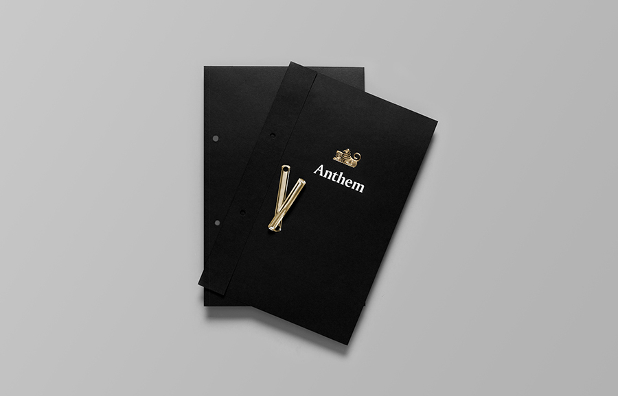 Logo and print with white and gold foil detail by Anagrama for football scout and transfer business Anthem