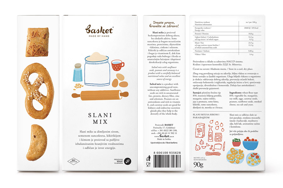 Packaging created by Peter Gregson and illustrated by Marijana Rot for Basket Snacks