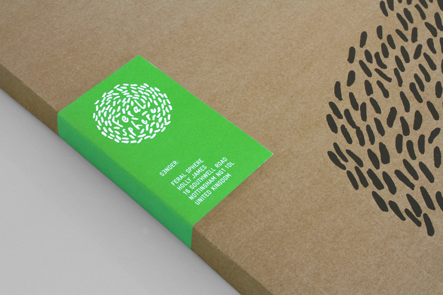 Logo and uncoated, unbleached packaging with a black ink print finish and a fluorescent green adhesive label detail designed by Mind for fashion label Feral Sphere