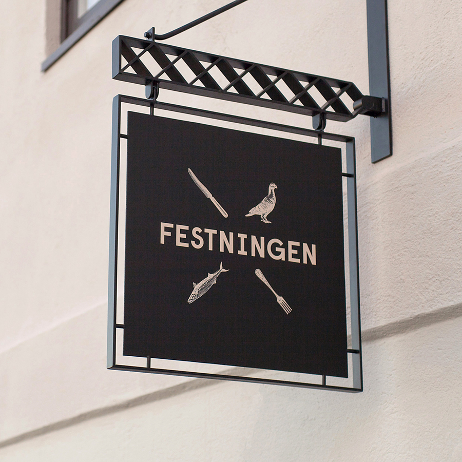 Logo and exterior sign aged designed by Uniform for Oslo brasserie Festningen