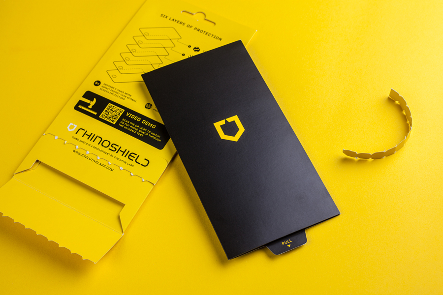 Packaging by Bravo Company for high impact screen protector Rhinoshield