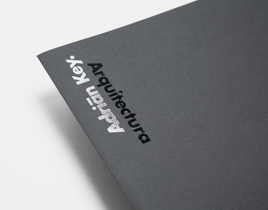 Logo and folder with thermographic ink and silver foil detail designed by Face Creative for MX architecture firm and architect Adrián Key