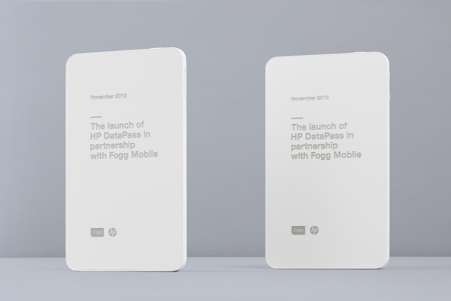 White painted and laser etched tablets created by Bunch to commemorate Fogg's Datapass service