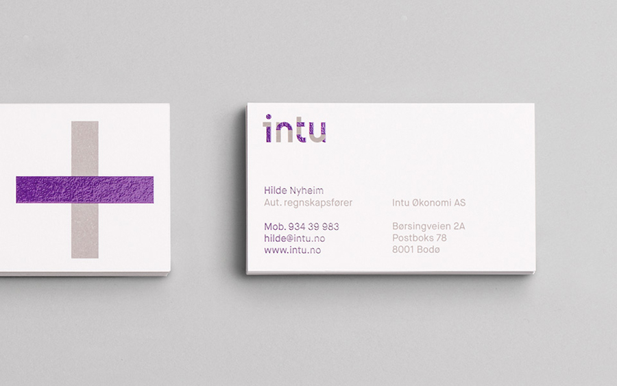 Logotype and business card with a bright purple spot colour detail designed by Heydays for Norwegian accounting and consultant firm Intu