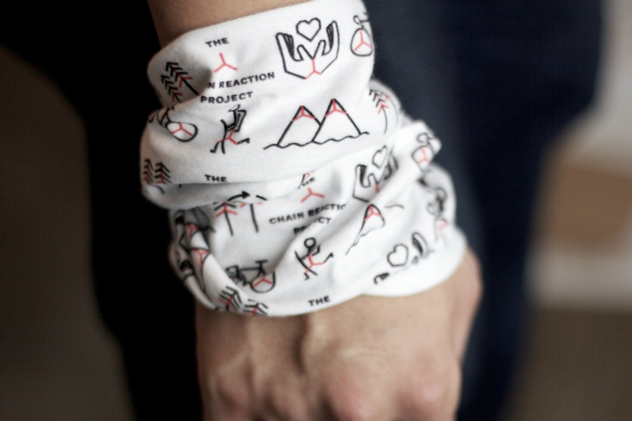 Wrist scarf with icon pattern for The Chain Reaction Project designed by Bravo Company