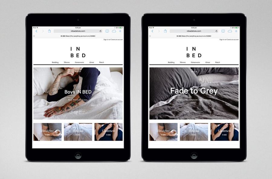 Website for online linen retailer In Bed designed by Moffitt.Moffitt