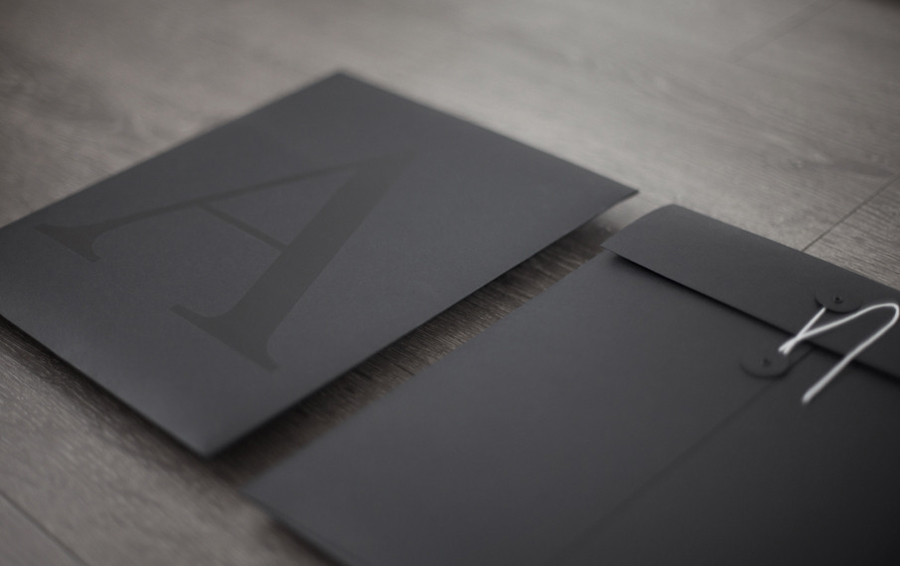 Logo and black folder with a black ink print finish designed by La Tortilleria for home furnishing retailer and interior design service Accents