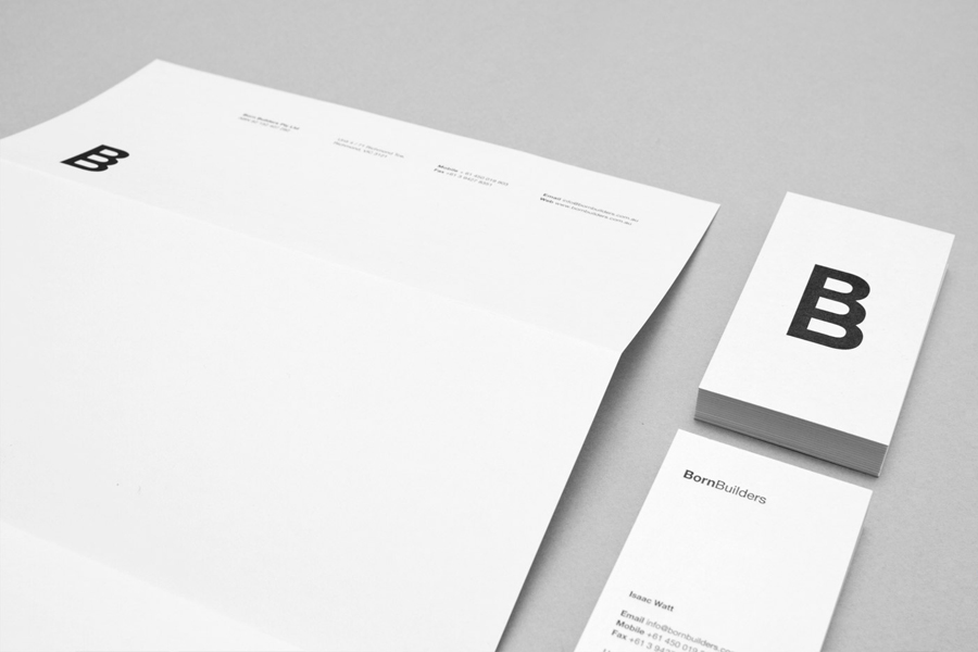 Logo and monochromatic stationery for renovation and carpentry specialists Born Builders designed by The Drop Studio