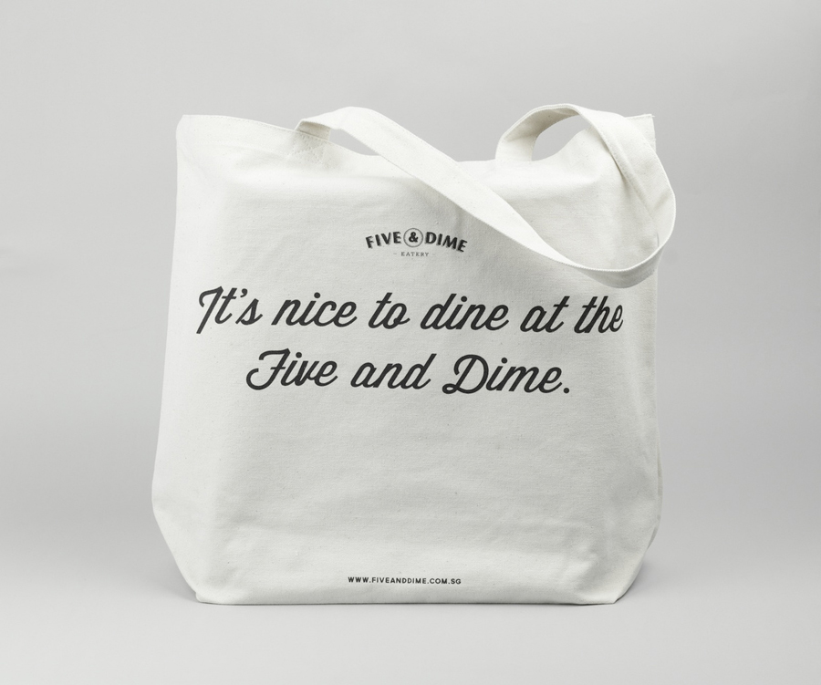 Logo design and screen printed tote bag by Bravo Company for Singapore cafe and restaurant Five & Dime