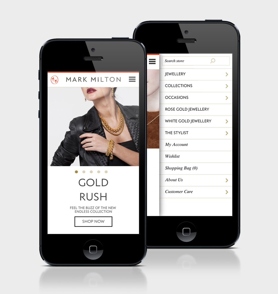 Mobile website designed by ico for jewellery brand Mark Milton