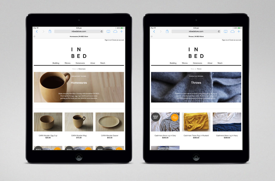 Website for online linen retailer In Bed designed by Moffitt.Moffitt