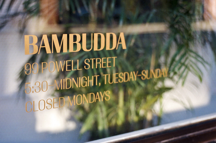 Logotype as a window decal designed by Post Projects for Vancover-based Chinese restaurant Bambudda