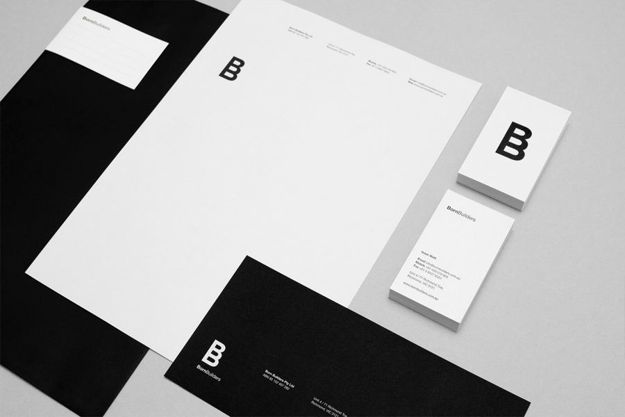 Logo and monochromatic stationery for renovation and carpentry specialists Born Builders designed by The Drop Studio