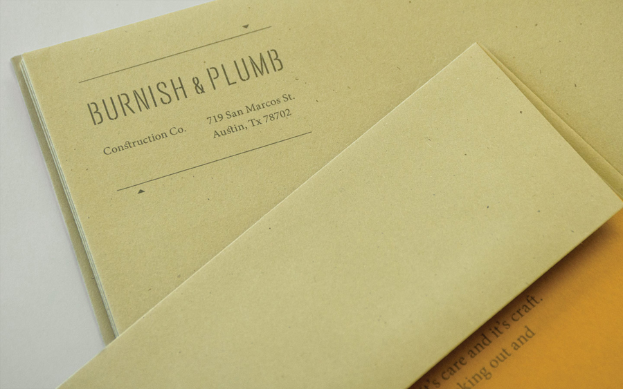 Logo and stationery with a rough trade texture designed by FÖDA for Austin based construction firm Burnish & Plumb