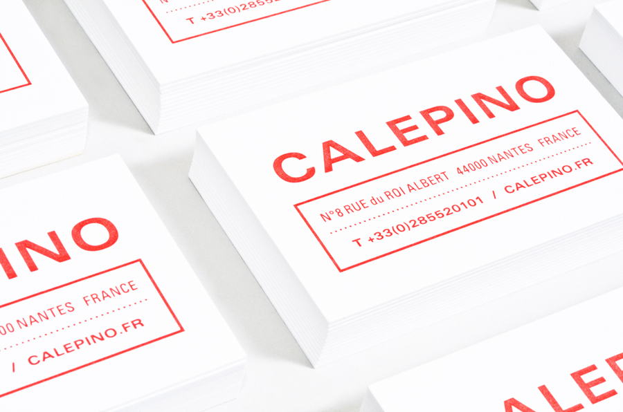 Logo and business card with a single red ink print finish designed by Studio Birdsall for French notebook brand and manufacturer Calepino