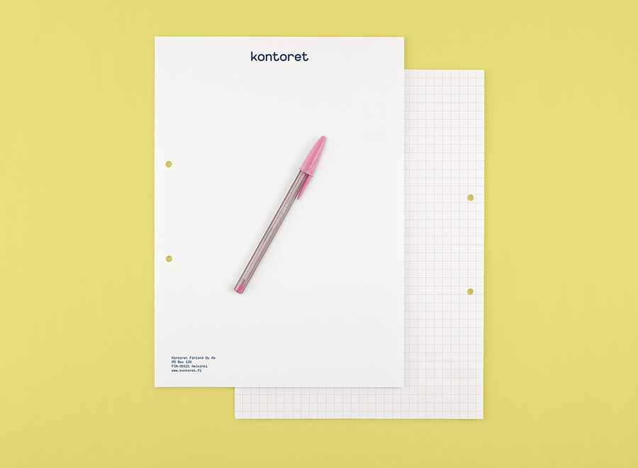 Logo and stationery with grid detail designed by Werklig for Helsinki, by the hour, office space provider Kontoret