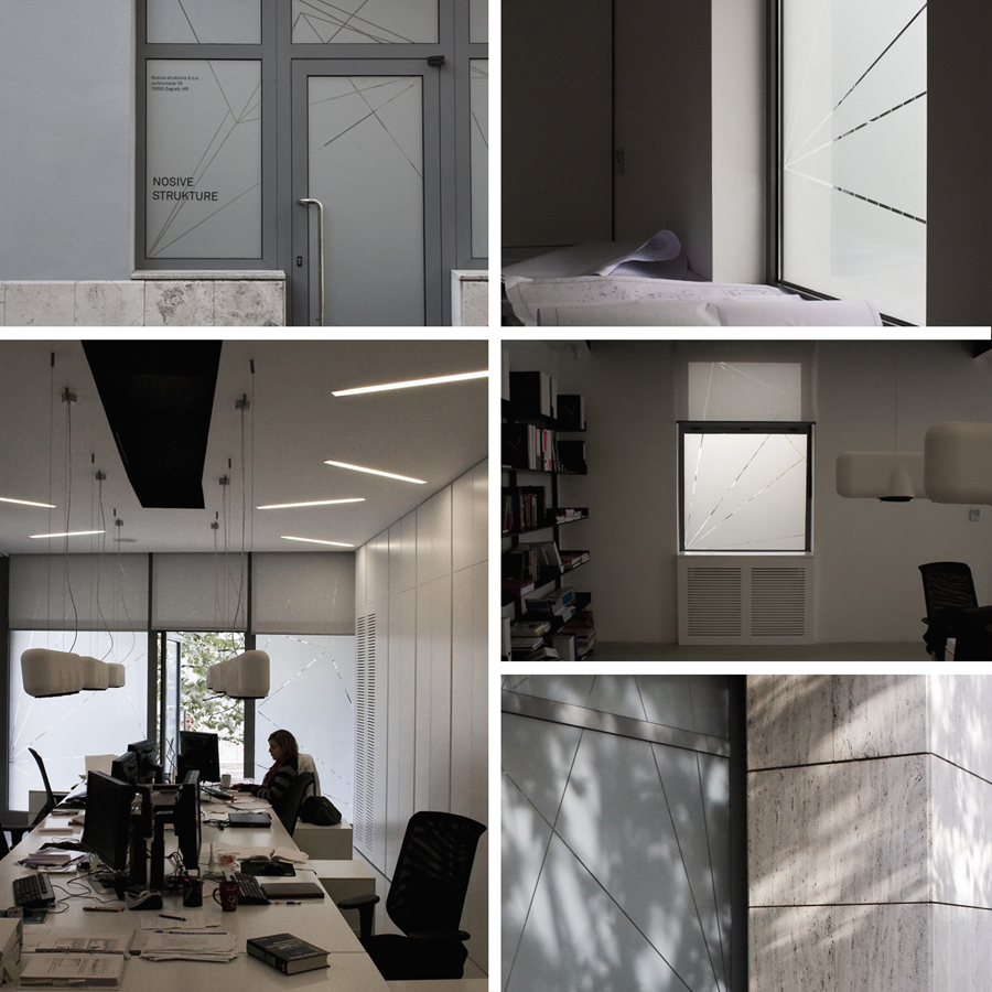 Geometric frosted window decals for structural engineering firm Nosive Strukture designed by Bunch