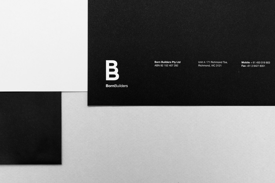 Logo and monochromatic stationery for renovation and carpentry specialists Born Builders designed by The Drop Studio