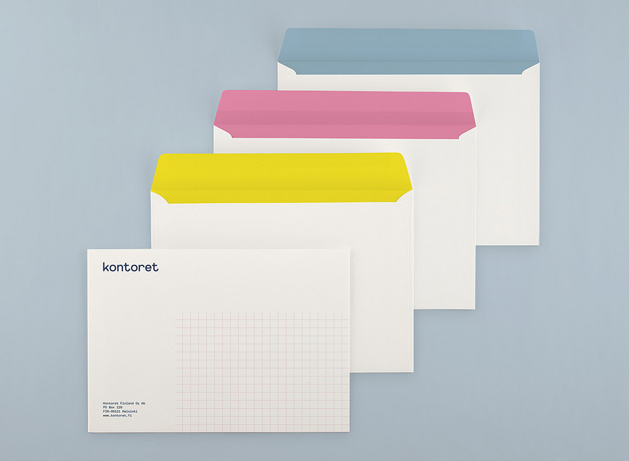 Logo and stationery with grid detail designed by Werklig for Helsinki, by the hour, office space provider Kontoret
