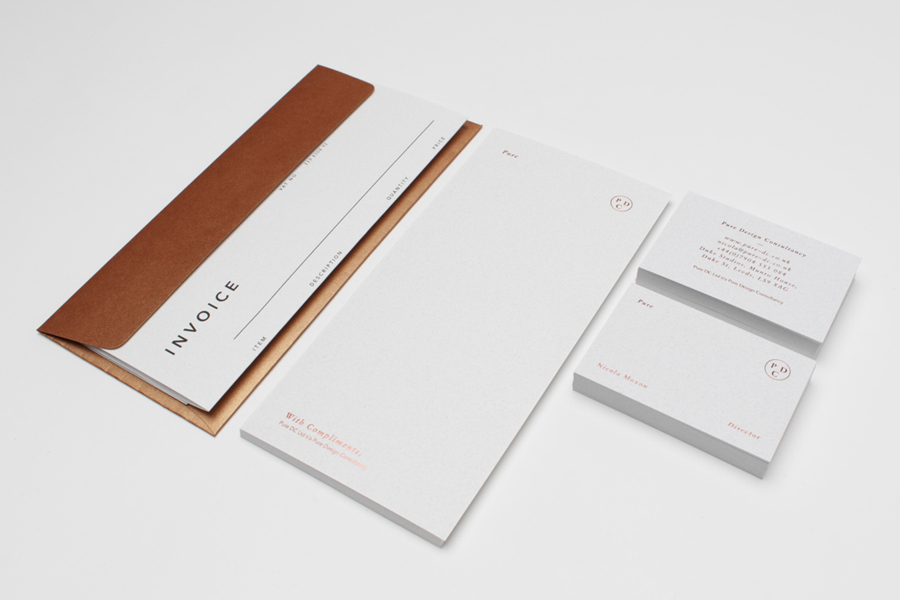 Stationery with copper foil and alabaster paper detail by Passport for interior design consultancy Pure