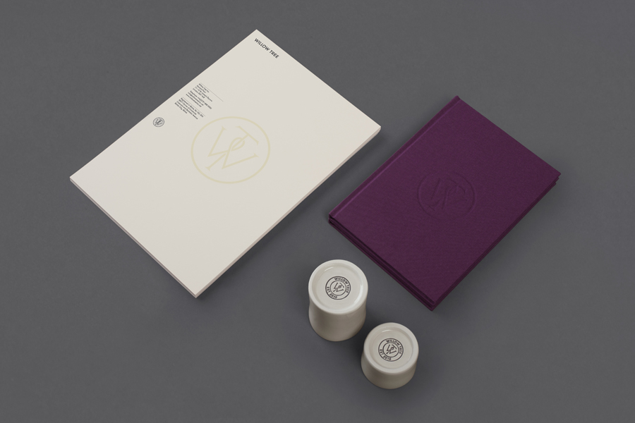 Logo, stationery and notepad with purple textile cover designed by Bunch for business consultancy Willow Tree 