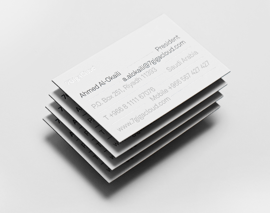 Logo and duplex business card with silver foil detail designed by Face for Saudi Arabian IT consultancy 7GigaCloud