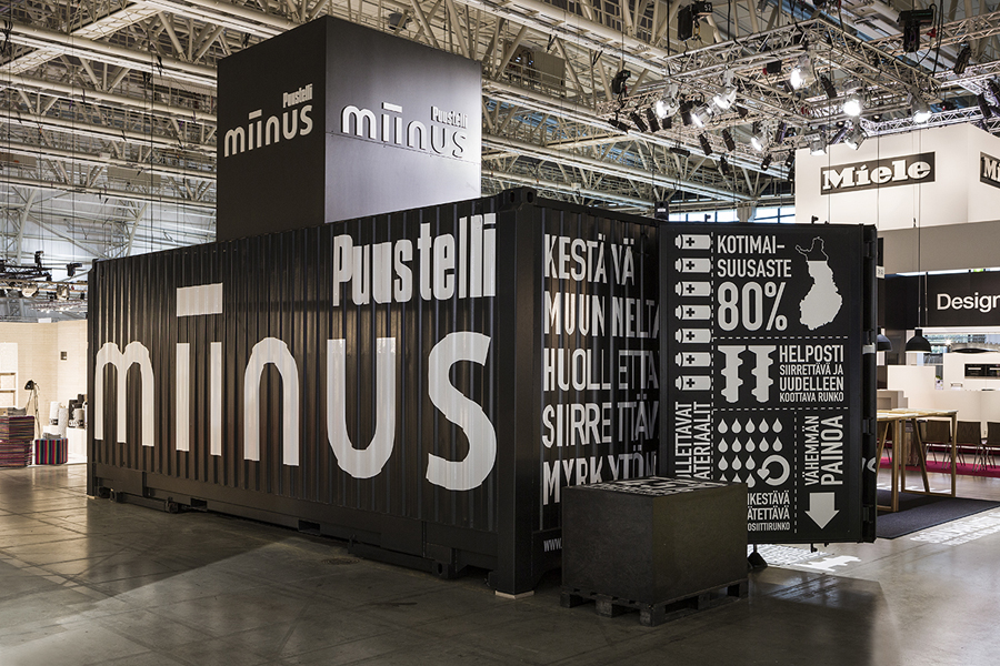 Exhibition graphics designed by Bond for Puustilli's new reductionist kitchen Miinus