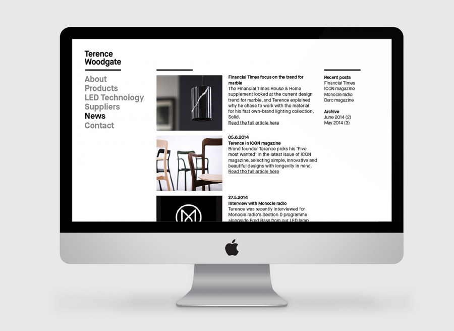 Website for lighting design and manufacturer Terence Woodgate designed by Charlie Smith Design