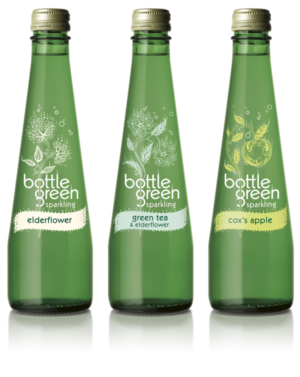Packaging designed by Ziggurat Brands with typography by Rob Clarke for natural cordial and sparkling pressé range Bottle Green