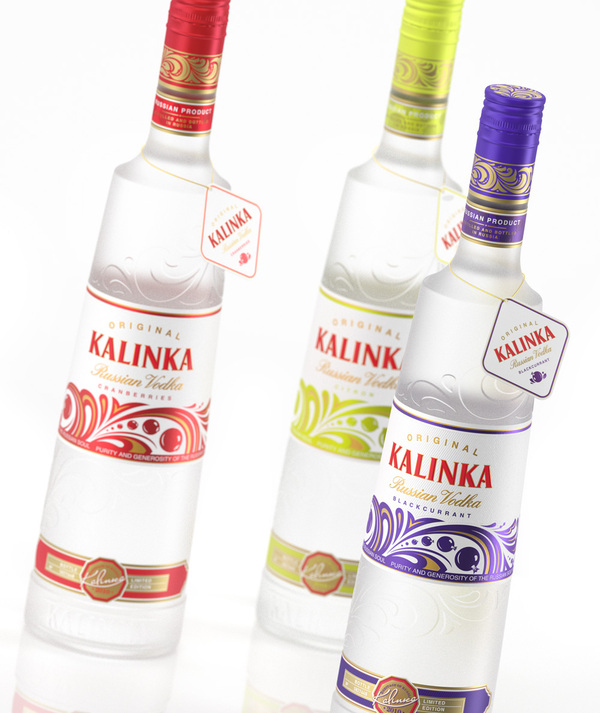 Packaging with gold detailing created by Moscow based Studio In for Russian flavoured premium vodka brand Kalinka Fruit