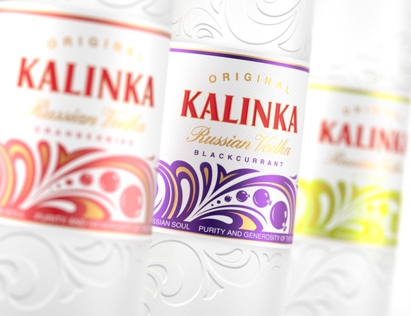 Packaging with gold detailing created by Moscow based Studio In for Russian flavoured premium vodka brand Kalinka Fruit