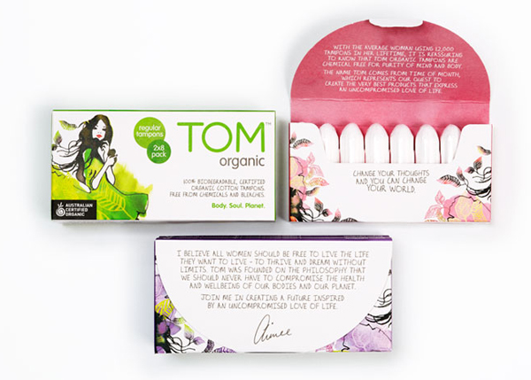 Packaging with watercolour illustrative detail designed by Truly Deeply for biodegradable fem­i­nine hygiene line Tom Organic