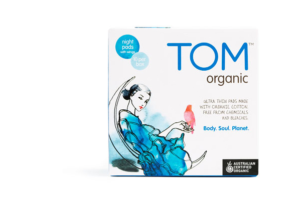 Packaging with watercolour illustrative detail designed by Truly Deeply for biodegradable fem­i­nine hygiene line Tom Organic