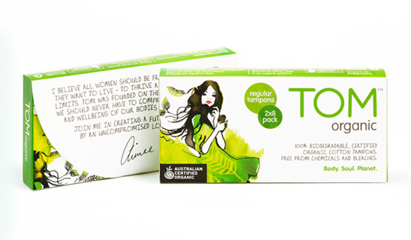 Packaging with watercolour illustrative detail designed by Truly Deeply for biodegradable fem­i­nine hygiene line Tom Organic