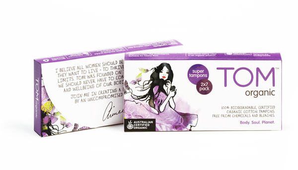 Packaging with watercolour illustrative detail designed by Truly Deeply for biodegradable fem­i­nine hygiene line Tom Organic