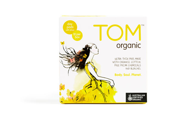Packaging with watercolour illustrative detail designed by Truly Deeply for biodegradable fem­i­nine hygiene line Tom Organic