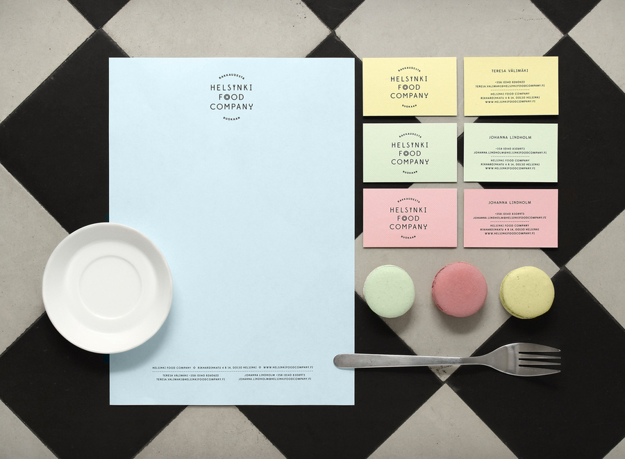 Logo and pastel coloured stationery for Helsinki Food Company designed by Werklig