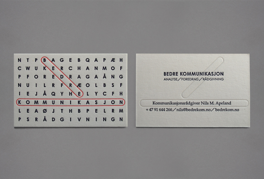 Logo and letterpress business card design by Work In Progress for Oslo-based communication specialist Bedre Kommunikasjon