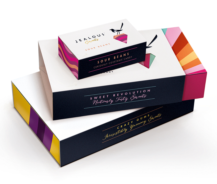 Packaging designed by B&B Studio for premium confectionery brand Jealous Sweets