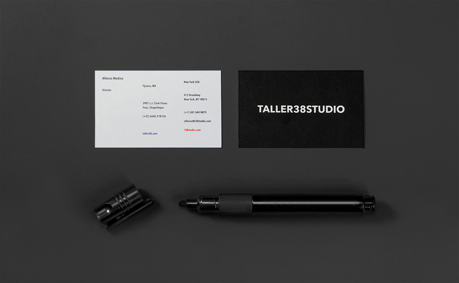 Logo and business card with marker detail for property developer T38 and and architecture workshop Taller 38 designed by Savvy