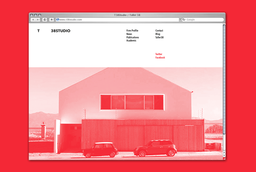 Logo and website with blue and red tinted photos for property developer T38 and and architecture workshop Taller 38 designed by Savvy