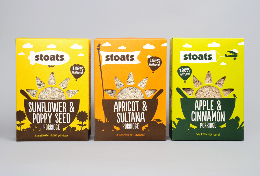 Packaging for Stoats porridge range designed by Robot Food