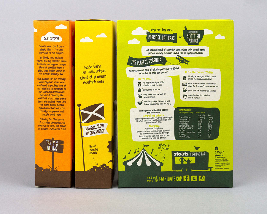 Packaging for Stoats porridge range designed by Robot Food