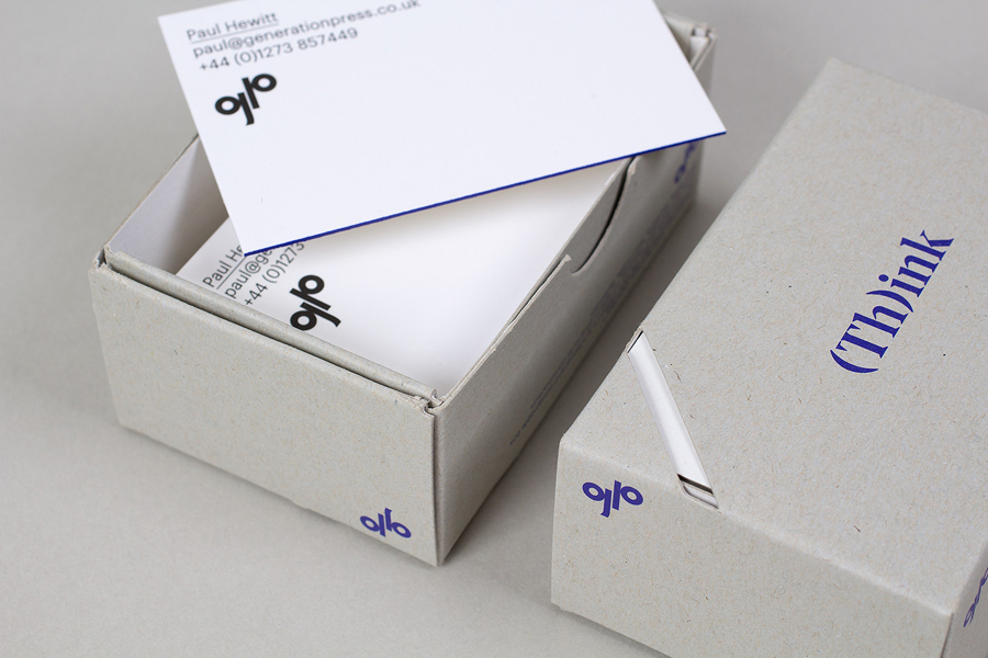 Business cards with blue edge painted detail for print production company Generation Press designed by Build