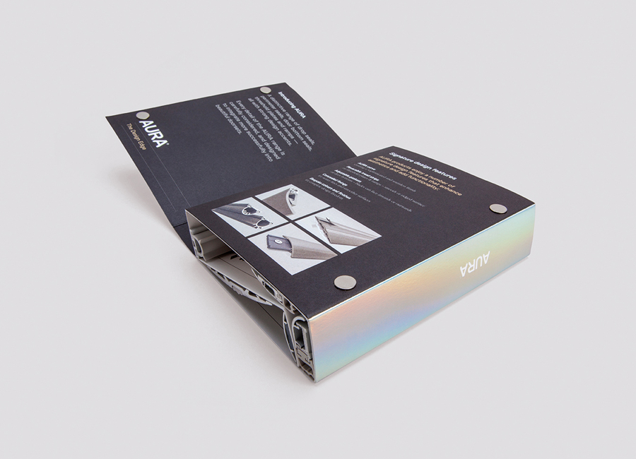 Sample book with holographic detail designed by Believe In for Lorient's door sealing system Aura